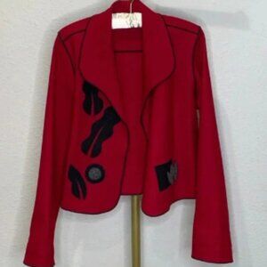 Vintage 80s Beppa 100% Wool Deep Cobalt Red Coat XS/S/M Bohemian Folk Art Design